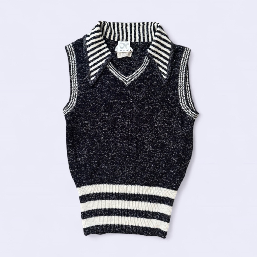 Vintage 80s 90s Sleeveless Knit Vest Top Navy White Stripes Rayon Linen